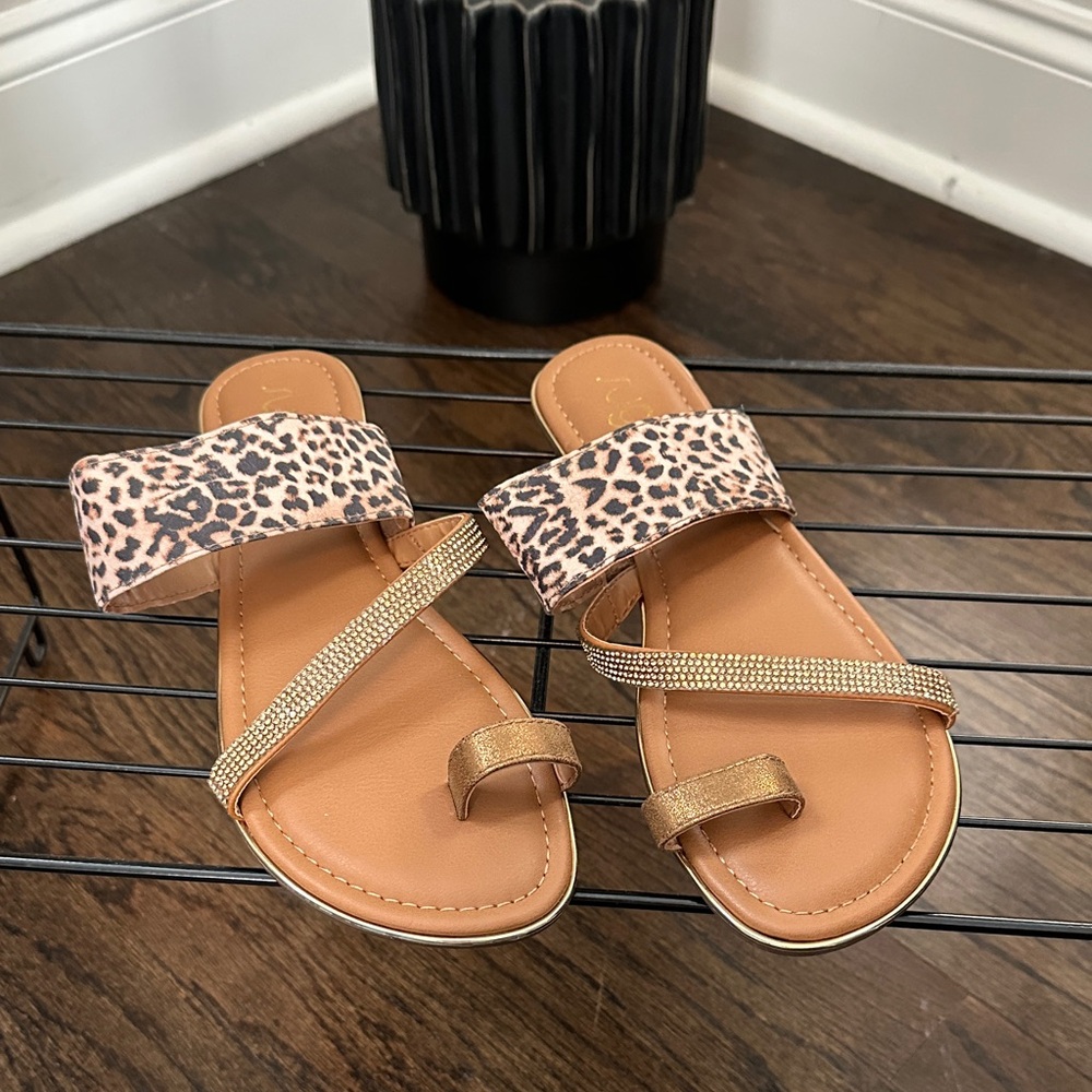 Sugar Leopard Print Sandals with Gold Straps